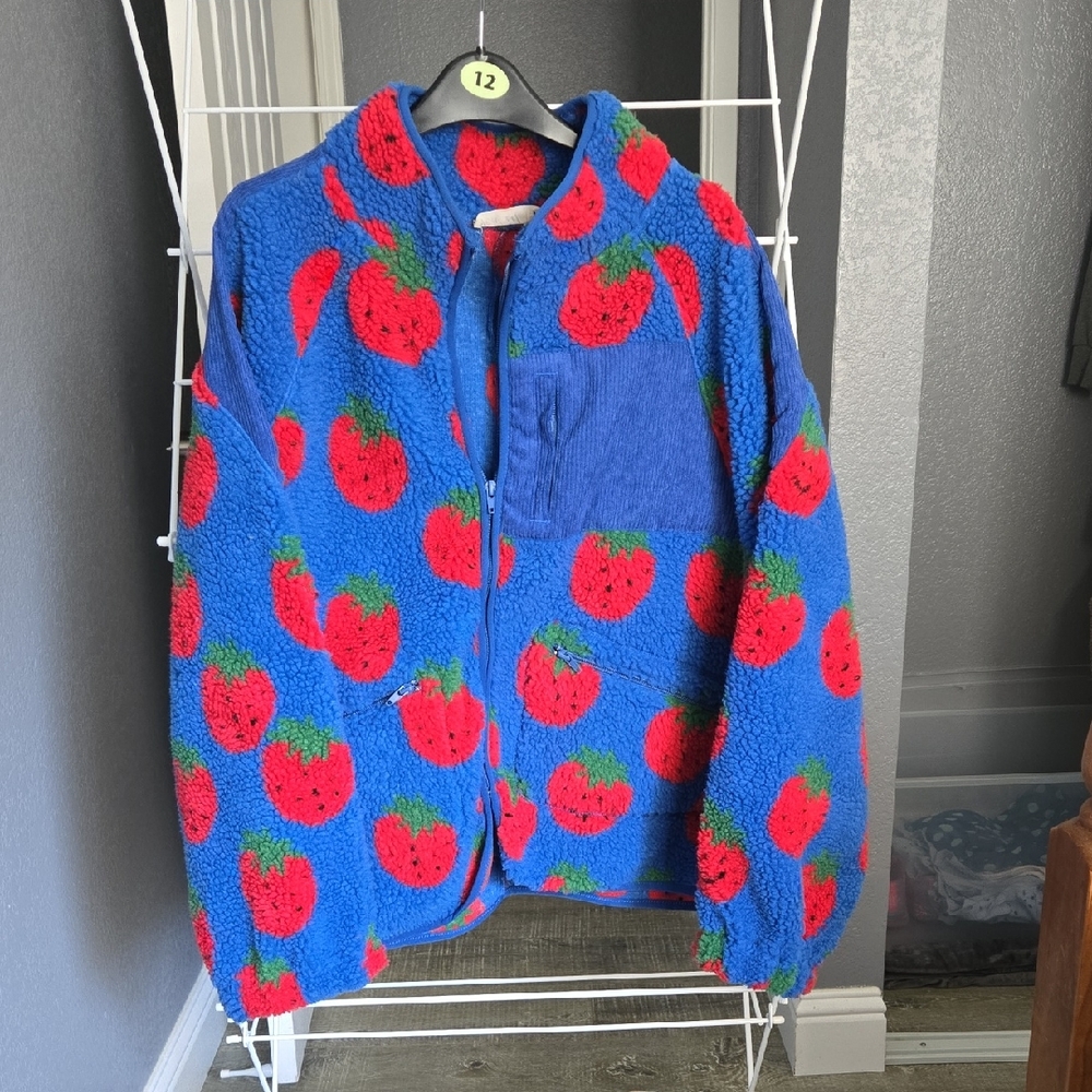Womens Blue Strawberry Fleece Pattern Jacket